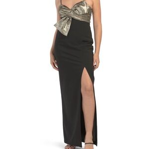 Metallic Gold & Black Bow-Front Evening Gown